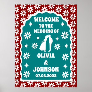 Welkom Vet Donkerrood Retro Boho Daisy Poster