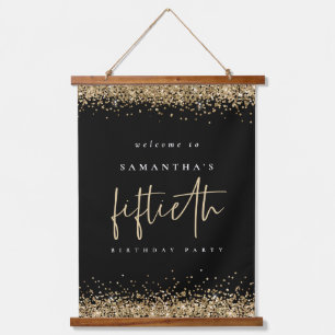 Welkom vijftigste Gold Glitter Name Black Hangend Wandkleed