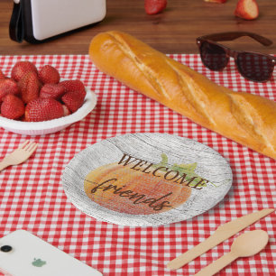 Welkom vrienden pompoen op weersplanten papieren bordje