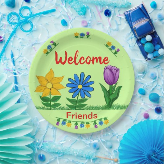 Welkom Vrienden Tuin Bloemen Lichtgroen Papieren Bordje (Feest)