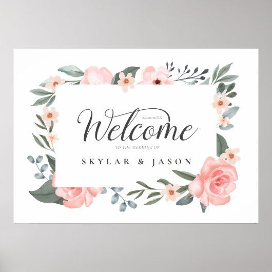 Welkom Waterverf Floral Roos & Lijst Poster (Voorkant)