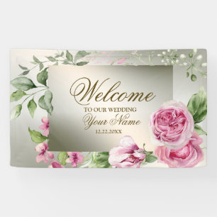 Welkom Waterverf Roze Bloemen Lijst Glanzend Brons Spandoek
