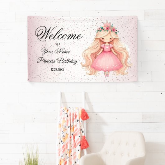 Welkom Waterverf Roze Prinses Verjaardagsfeest Spandoek (Insitu)