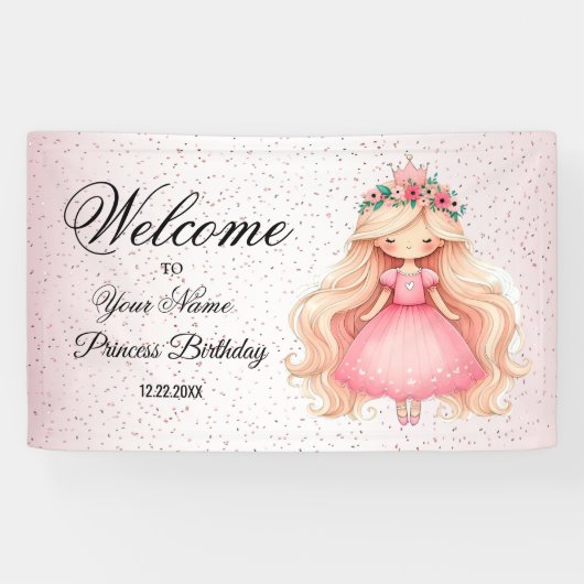 Welkom Waterverf Roze Prinses Verjaardagsfeest Spandoek (Horizontaal)