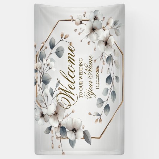 Welkom Waterverf White Flowers Golden Silver Spandoek (Verticaal)