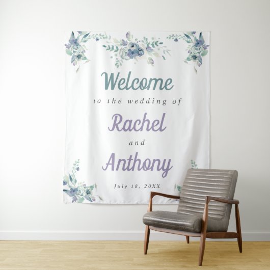 Welkom Weddenschap Blauwe Bloemen Paarse Waterverf Wandkleed (In situ)