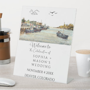 Welkom Wedding Waterverf Zeegezicht Kustboten Reclamebord Met Voetstuk