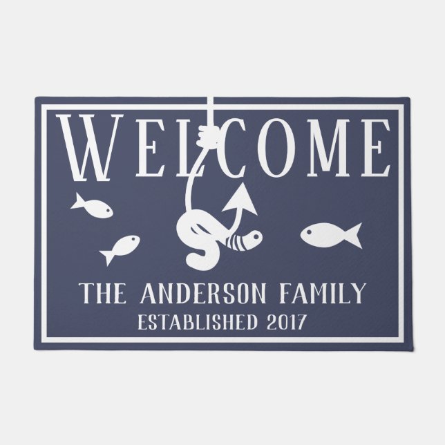 Welkom Worm op een Hook & Fish Lake House Deurmat (Voorkant)