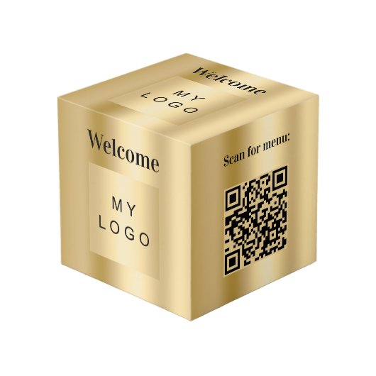 Welkom zakelijk logo QR-code goud menu tafel Kubus (Voorkant hoekig)