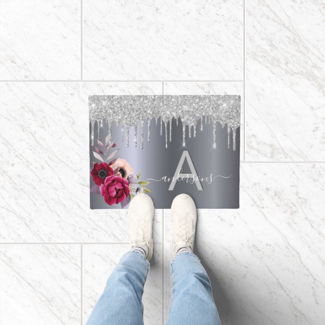 Welkom zilverglitter burgundy floral monogram deurmat (Binnen)