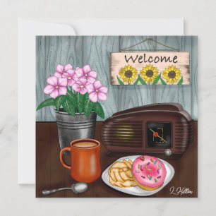 Welkom, zonnebloemen, Donuts en koffie
