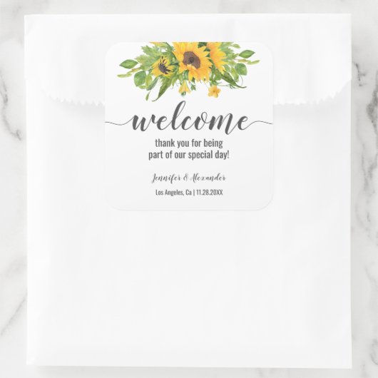 Welkom zonnebloemen vierkante sticker (Tas)