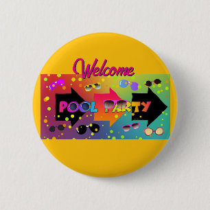 Welkom Zwembadfeestje Geel Ronde Button 5,7 Cm
