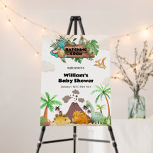 Welkombord voor babyborrel met uitkomende dinosaur