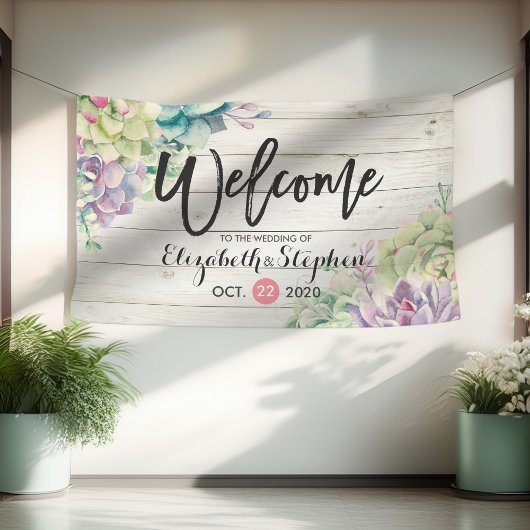 Welkomstbanner Succulent Plant Rustic Wood Spandoek