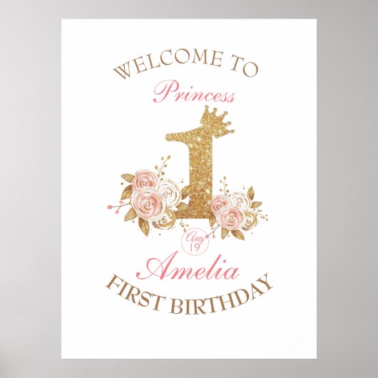 Welkomstbord Gouden Kroon Prinses 1e Verjaardag Poster (Voorkant)