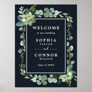 Welkomstbord van de nachtmarine Blue Succulent Wed Poster