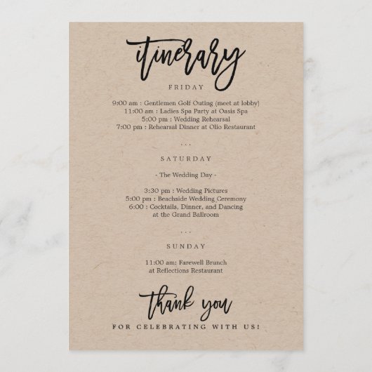 Welkomstbrief en Reisplan Huwelijksontvangsttas Programma (Achterkant)