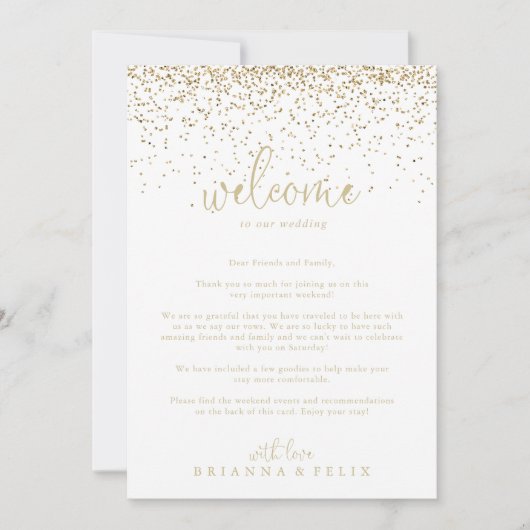 Welkomstbrief Gold Confetti Script Weduwen (Voorkant)