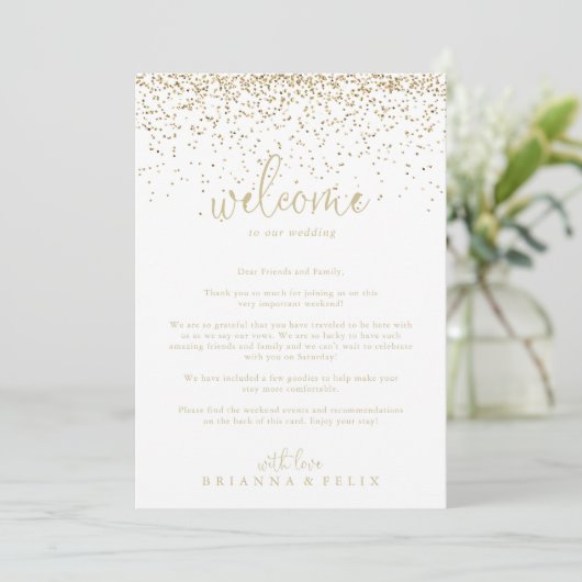 Welkomstbrief Gold Confetti Script Weduwen (Staand voorkant)