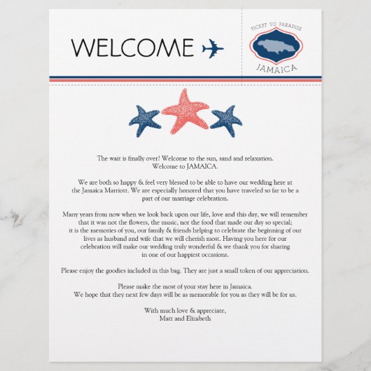 Welkomstbrief van Starfish Wedding voor Jamaica (Voorkant)
