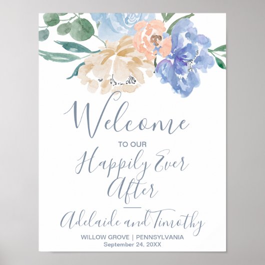 Welkomstbruiloft voor usty Blue Florals Poster (Voorkant)