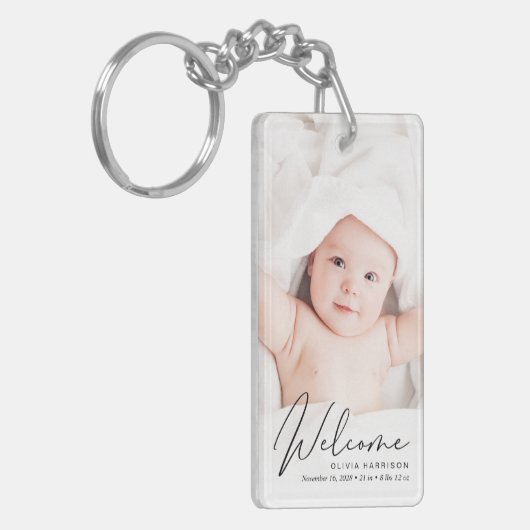 Welkomstfoto-script geboorteaankondiging sleutelhanger (Voorkant Links)