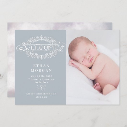 Welkomstscript Butterfly Blue Geboorteaankondiging Kaart (Voorkant / Achterkant)