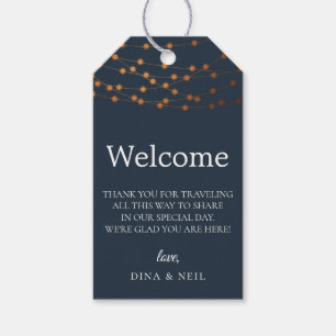 Welkomsttas van koperen lammeren bij het huwelijk cadeaulabel
