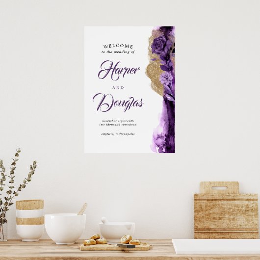 Welkomstteken Paarse en gouden bruiloft Poster (Keuken)