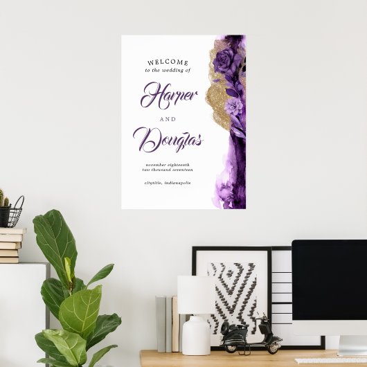 Welkomstteken Paarse en gouden bruiloft Poster (Thuiskantoor)