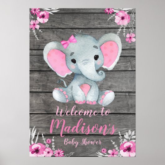 Welkomstteken Poster Elephant Rustic Pink Floral (Voorkant)