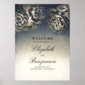Welkomstteken van marinenblauw en goudFloral Weddi Poster (Voorkant)