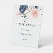 Welkomstteken van marineslauw blauw en dubbelroze  reclamebord met voetstuk (Voorkant)