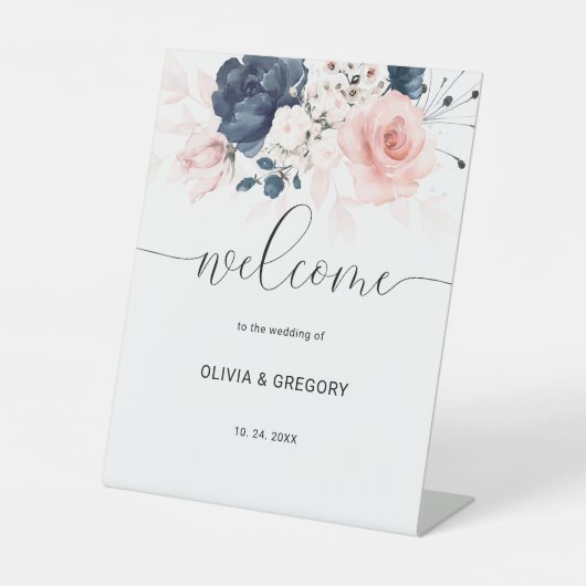 Welkomstteken van marineslauw blauw en dubbelroze  reclamebord met voetstuk (Voorkant)