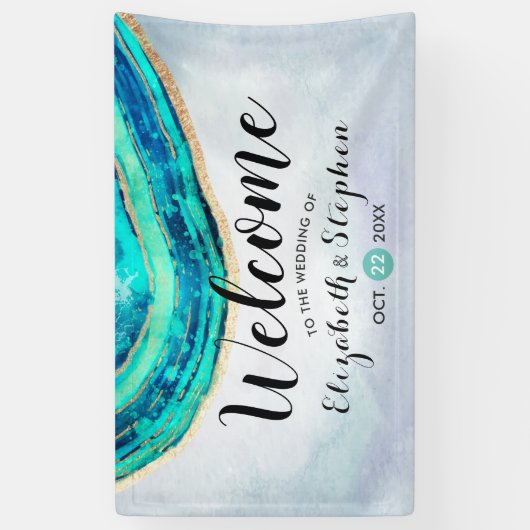 WelkomstWaterverf voor bruiloft Blauwgroen en goud Spandoek (Verticaal)