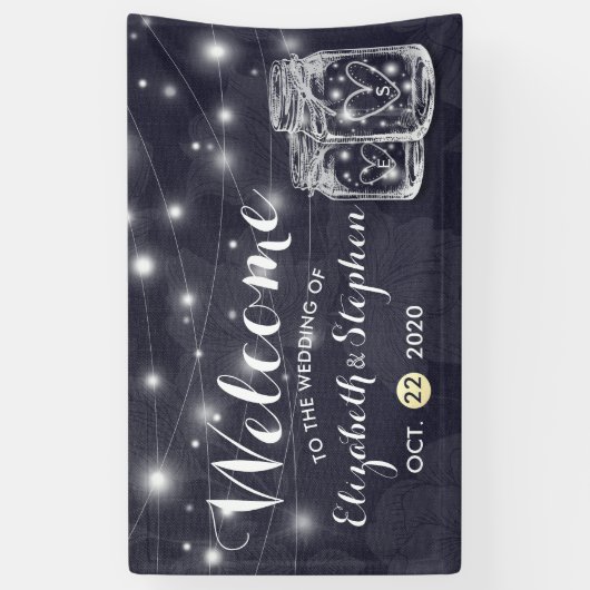 Welkomstwoord Mason Jars String Lights Navy Blue Spandoek (Verticaal)