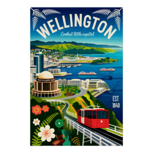 Wellington Nieuw-Zeeland Retro Reisposter Kunst Perfect Poster