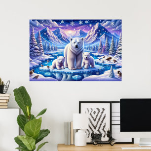Welpen van ijsberen op ijs in besneeuwd landschap poster