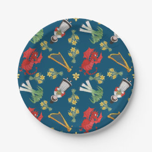 Welsh Costume en Emblemen op Borden met blauw papi Papieren Bordje