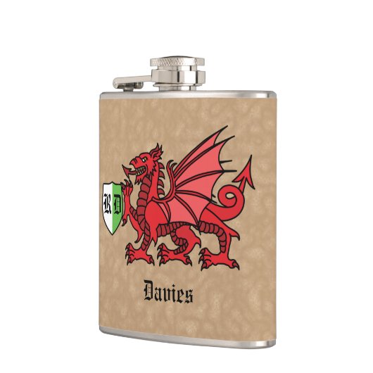 Welsh Dragon Custom Name and Monogram Heupfles (Links)