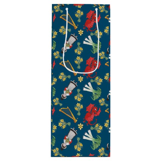 Welsh kostuum en emblemen, blauwe wijn geschenk ta wijn cadeautas (Voorkant)