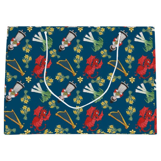 Welsh kostuum en emblemen op blauwe grote geschenk large cadeautasje (Voorkant)