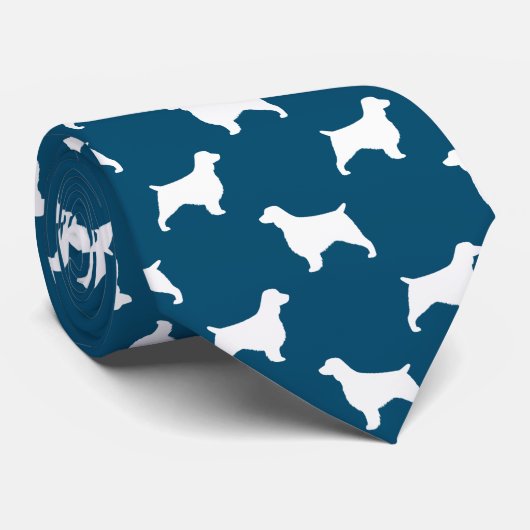 Welsh Springer Spaniel Silhouetten Patroon Blauw Stropdas (Opgerold)
