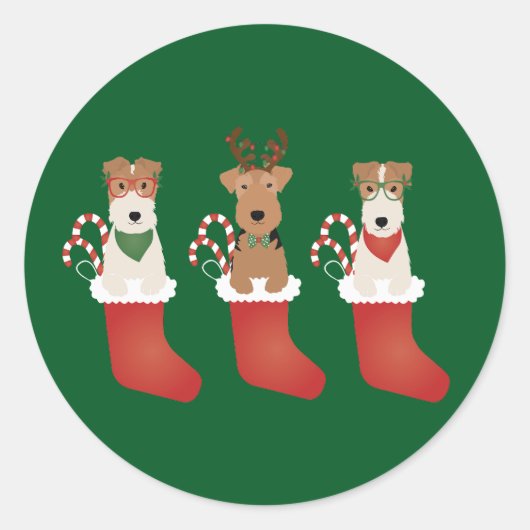 Welsh Wire Fox Terrier Dogs Kerstmis Ronde Sticker (Voorkant)