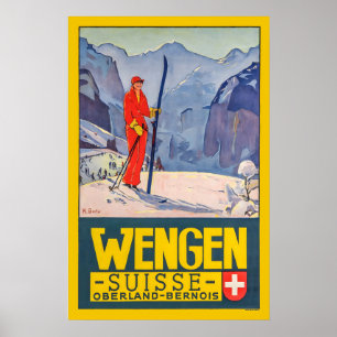 Wengen Oberland Bernois Zwitserland Vintage Ski Poster