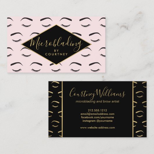 Wenkbrauwen en wimpers Microblading Roze/Zwart/Gou Visitekaartje (Voorkant / Achterkant)
