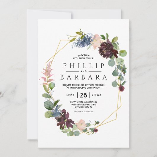 Wens Bordo Blauwe Aquarel Bloemen Kaart (Voorkant)