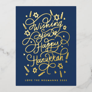 Wens ik u een gelukkig hanukkah handlettering folie feestdagen briefkaart
