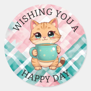 Wens je een fijne dag Mooie Kat Ronde Sticker